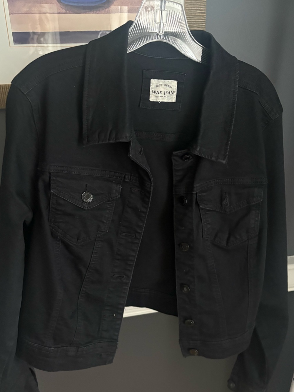 Wax Jean Black Stretch Denim Jacket XL Cropped Button Front Trucker Jacket